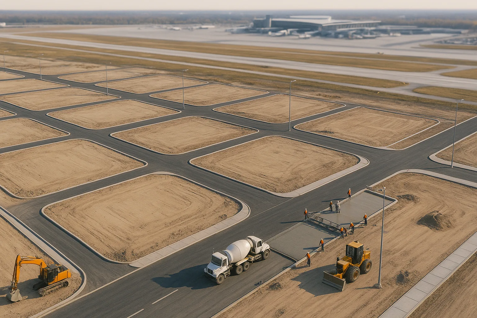 Aerial view of grid roads and construction near an airport corridor, showing progress but not specific buildings.